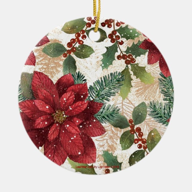 Ornamento De Cerâmica 50 Retro Poinsettia Red Green Creme (Frente)