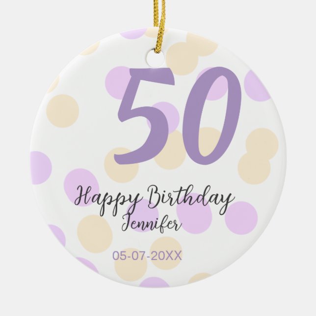 Ornamento De Cerâmica 50th birthday add name date purple orange polkadot (Frente)