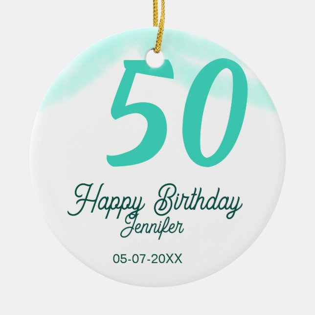 Ornamento De Cerâmica 50th birthday add name date year green pastel bold (Frente)