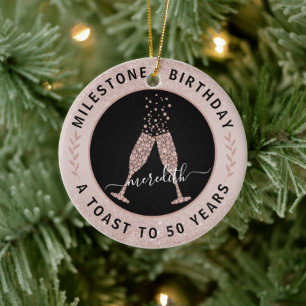Ornamento De Cerâmica  50th Birthday Blush Glitter Champagne Toast Name