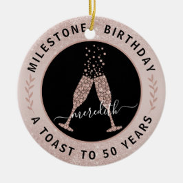 Ornamento De Cerâmica  50th Birthday Blush Glitter Champagne Toast Name