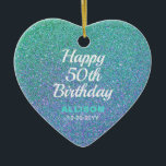 Ornamento De Cerâmica 50th Birthday Teal Blue Glitter Personalized Gift<br><div class="desc">50th Birthday Teal Blue Glitter Personalized Gift Ceramic Ornament makes a cute girly chic gift idea for turning twenty one. It is a modern design on both sides with teal blue ombre faux glitter and "happy 50th birthday" on the center. Personalized with name in teal calligraphy script lettering and custom...</div>