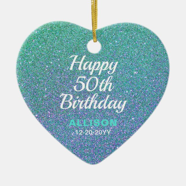 Ornamento De Cerâmica 50th Birthday Teal Blue Glitter Personalized Gift (Frente)
