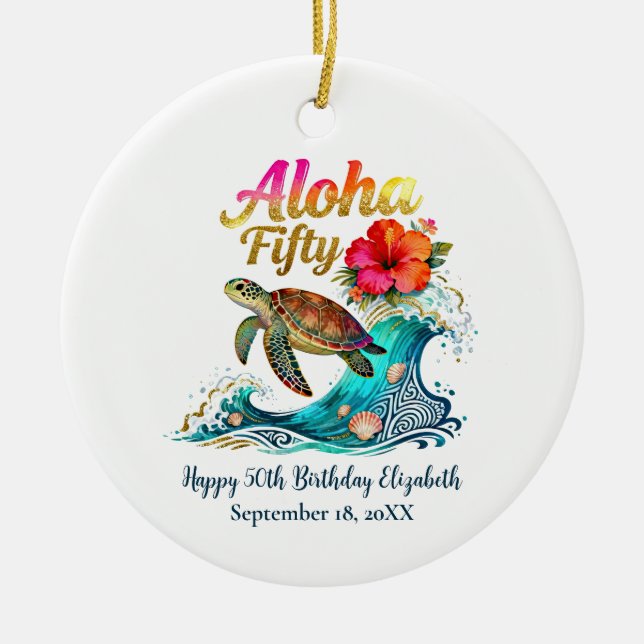 Ornamento De Cerâmica 50th Fifty Birthday Tropical Ocean Beach Theme (Frente)