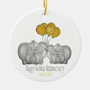Ornamento De Cerâmica 50th Golden Wedding Anniversary cute elephant