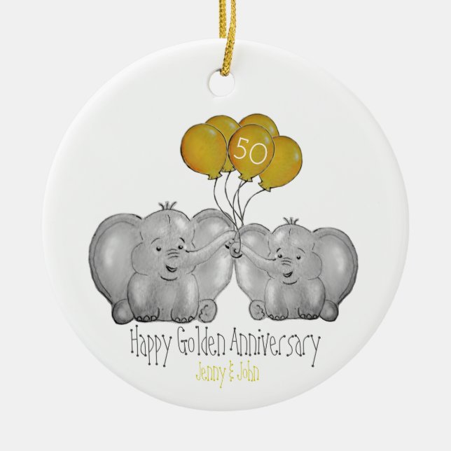 Ornamento De Cerâmica 50th Golden Wedding Anniversary cute elephant (Frente)