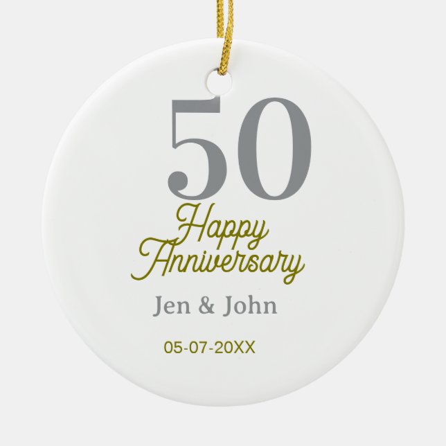 Ornamento De Cerâmica 50th happy anniversary name date silver gold date  (Frente)