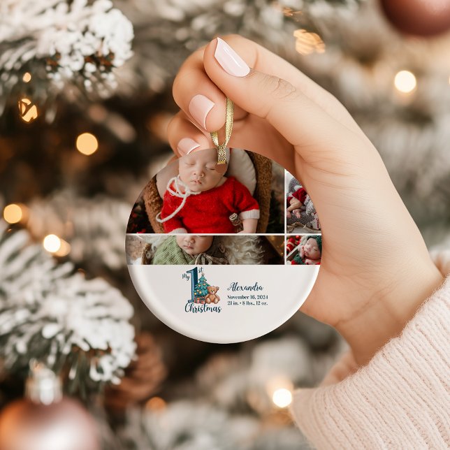 Ornamento De Cerâmica 5 Photo Blue Teddy Baby 1st Christmas (Criador carregado)