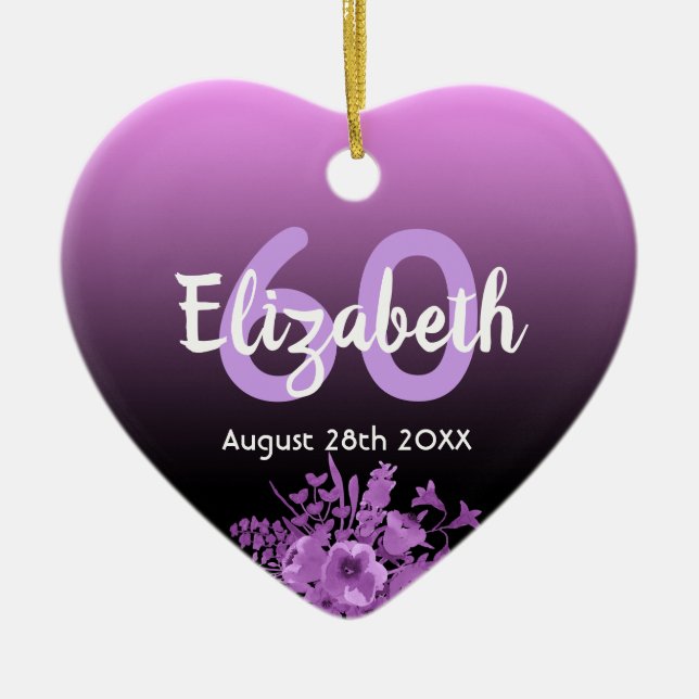 Ornamento De Cerâmica 60º aniversário nome floral roxo preto (Frente)