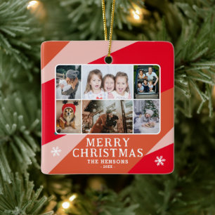 Ornamento De Cerâmica 6 Colagem de Fotos Rosa Vermelho Laranja Natal Fam
