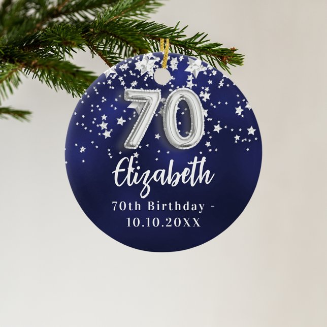 Ornamento De Cerâmica 70 aniversário marinho estrelas de prata azul (Criador carregado)