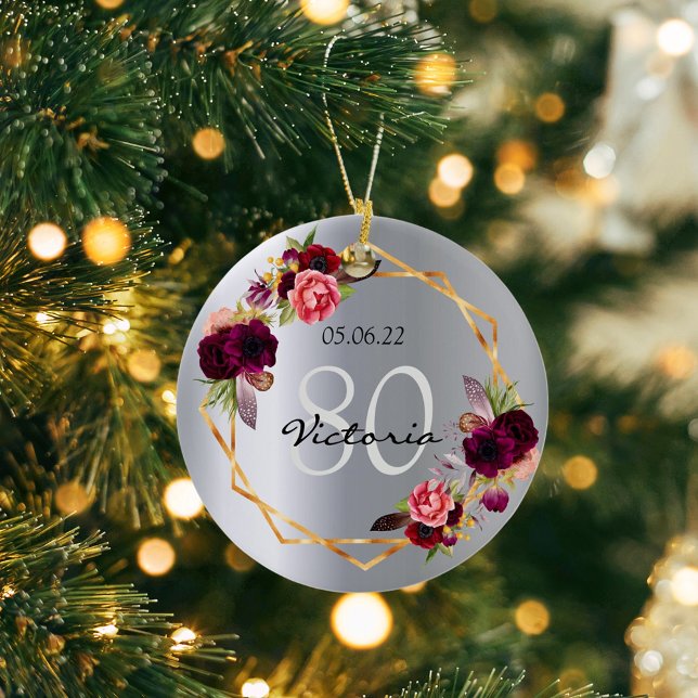 Ornamento De Cerâmica 80 de aniversário floral prata burgundy geométrico (Criador carregado)