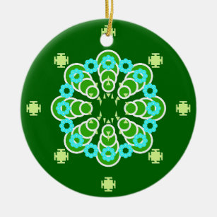 Ornamento De Cerâmica 8 pontos Mandala, Dark Jade Green e Aqua