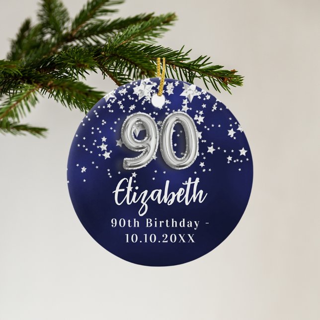 Ornamento De Cerâmica 90 aniversário marinho estrelas de prata azul (Criador carregado)