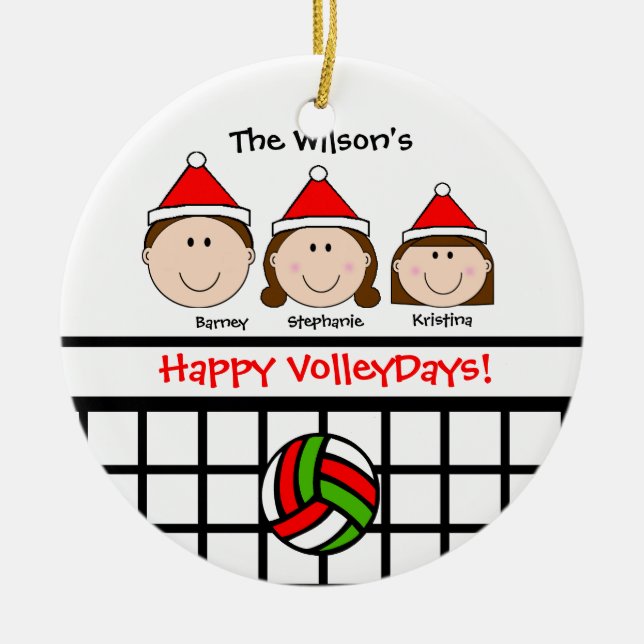Ornamento De Cerâmica A família 3 do voleibol (menina) personaliza o (Frente)