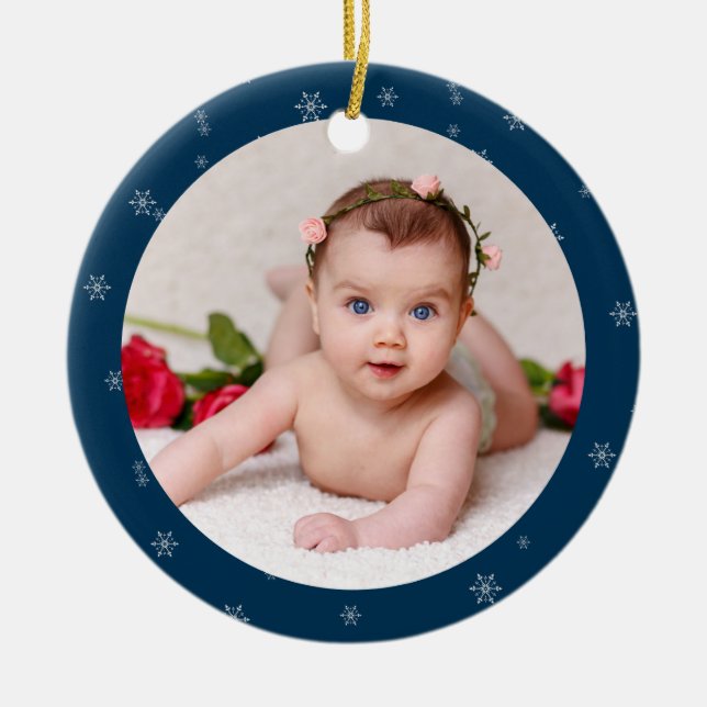 Ornamento De Cerâmica A foto do seu bebê é azul de Natal PERSONALIZADO (Frente)