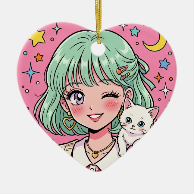 Ornamento De Cerâmica A girl with a lovely wink and a cute kitten (Frente)