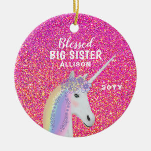Ornamento De Cerâmica A Grande Irmã Rosa Glitter Unicorn Personalizada