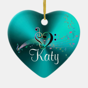 Ornamento De Cerâmica A música personalizada de turquesa nota o coração