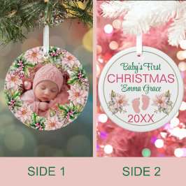Ornamento De Cerâmica A primeira foto de Natal da Baby Girl é cor de ros