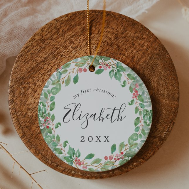 Ornamento De Cerâmica A primeira foto de Natal do Bebê Greenery (Criador carregado)