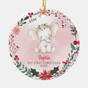 Ornamento De Cerâmica A primeira garota elefante de Natal do bebê com n