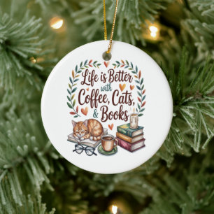 Ornamento De Cerâmica A Vida é Melhor com Café Gatos Livros