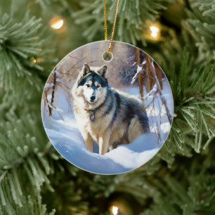 Ornamento De Cerâmica Aaskan Malamute Deixe Nevar Natal