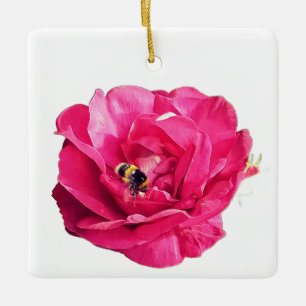 Ornamento De Cerâmica Abelha, numa flor rosa
