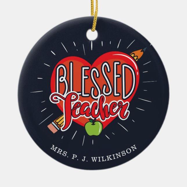 Ornamento De Cerâmica Abençoada Escola Professora Apple Heart Pencil (Frente)