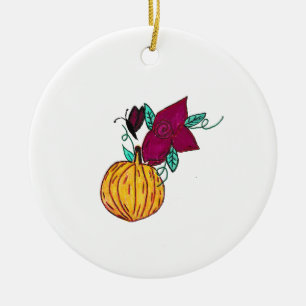 Ornamento De Cerâmica Abóbora com borboleta roxa