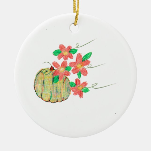 Ornamento De Cerâmica Abóbora com Flores Vermelhas (Frente)