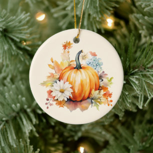 Ornamento De Cerâmica Abóbora Laranja e Flores Outono