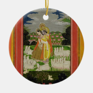 Ornamento De Cerâmica Abraço de Radha e de Krishna em um landscap