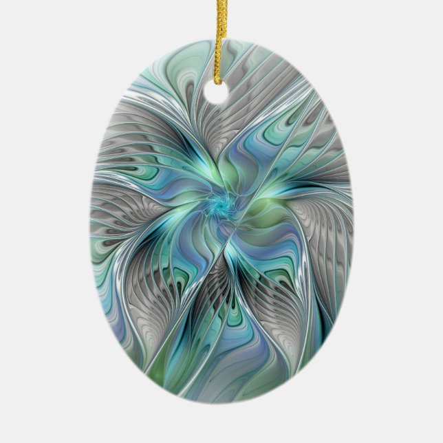 Ornamento De Cerâmica Abstrato Azul Borboleta Verde Fantasia Arte Fracta (Frente)