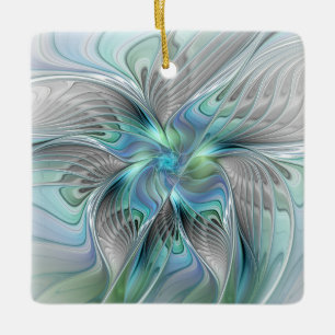 Ornamento De Cerâmica Abstrato Azul Borboleta Verde Fantasia Arte Fracta