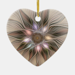Ornamento De Cerâmica Abstrato Beige Brown Fractal Heart de Flor Alegre