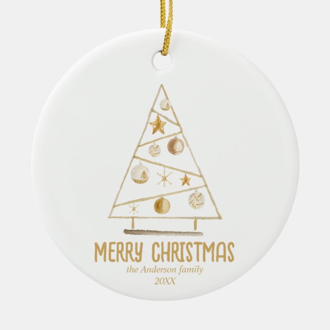 Ornamento De Cerâmica Abstrato Dourado Árvore Feliz Natal (Frente)