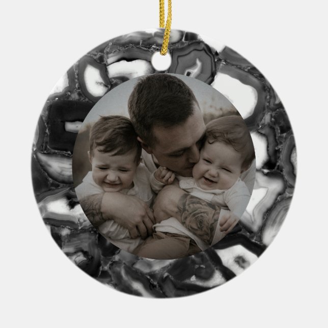 Ornamento De Cerâmica Abstrato preto branco agita geode (Frente)