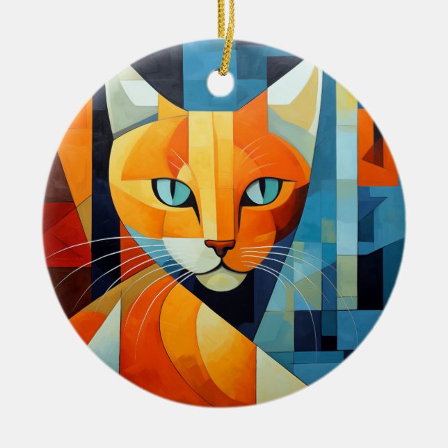 Ornamento De Cerâmica Abstrato Whiskers: Gato Laranja (Frente)
