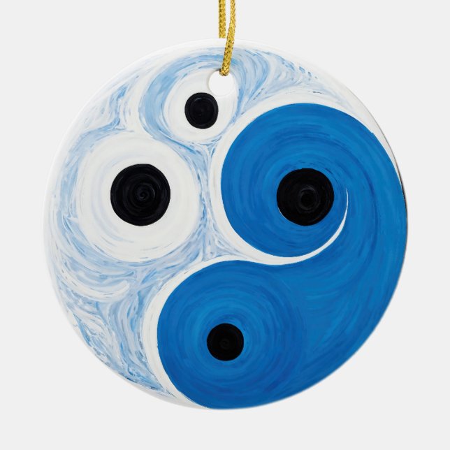 Ornamento De Cerâmica Abstrato Yin Yang: Modernista Azul e Branco (Frente)