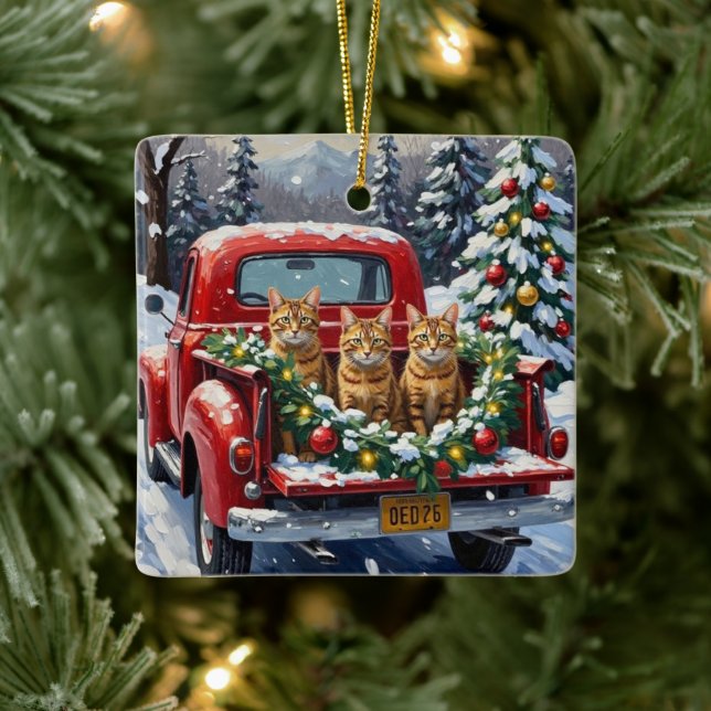 Ornamento De Cerâmica Abyssinian Cat Christmas Red Truck Holiday (Árvore)