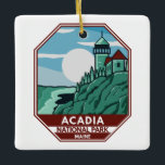 Ornamento De Cerâmica Acadia National Park Maine Lighthouse Retro Emblem<br><div class="desc">Acadia vetor trabalho de arte design. O Parque Nacional Acadia fica principalmente na Ilha do Monte Deserto,  em Maine. A sua paisagem é marcada por florestas,  praias rochosas e picos granitos salgados por geleiras,  como a Montanha Cadillac.</div>
