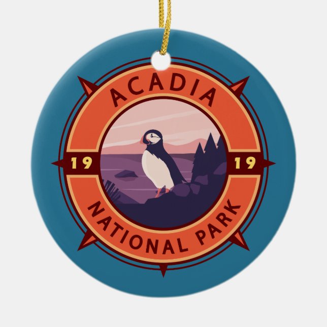Ornamento De Cerâmica Acadia National Park Puffin Retro Compass Emblem (Frente)