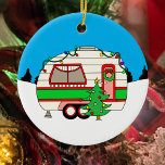 Ornamento De Cerâmica Acampamento Personalizado Preso Natal<br><div class="desc">Enfeites de natal de acampamento temático,  vermelho e verde,  de acampamento de RV vermelho e verde. A mão desenhou um adorável ornamento de feriado personalizado. Acampamento no inverno.</div>