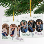 Ornamento De Cerâmica Acredite em Magic First Christmas 6 Photo Any Colo<br><div class="desc">Acredite no ornamento de fotos mágicas para os novos pais primeiro Natal como uma família de 3 - ou você pode editar o texto para dizer o que quiser. O design apresenta 6 fotos e você também pode mudar a cor do texto e do plano de fundo. Suas fotos são...</div>