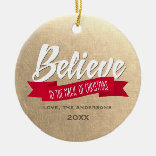 Ornamento De Cerâmica Acredite. Foto Gold Foil Natal
