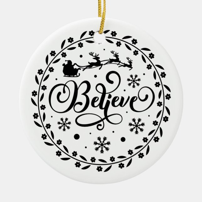 Ornamento De Cerâmica "Acredite" Papai Noel voando no Natal (Frente)