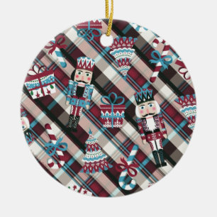 Ornamento De Cerâmica Acrililado de Natal Plaid Azul Burgundy
