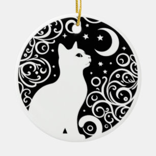 Ornamento De Cerâmica Adesivo de janela gato preto e branco lua